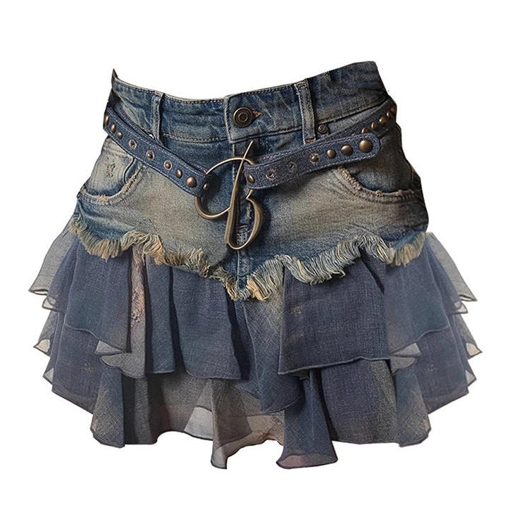 Y2K Aesthetic Ruffled Denim Skirt for Trendy Coquette and Grunge Outfits