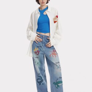 Y2K Aesthetic Sea Animal Print Jeans for Trendy Coastal Vibes and Unique Style