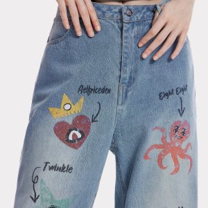 Y2K Aesthetic Sea Animal Print Jeans for Trendy Coastal Vibes and Unique Style