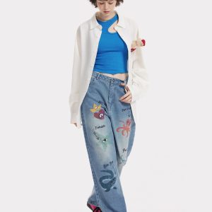 Y2K Aesthetic Sea Animal Print Jeans for Trendy Coastal Vibes and Unique Style