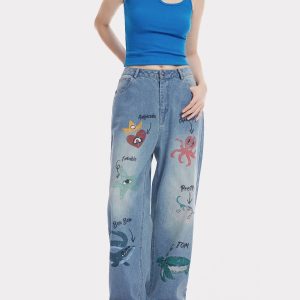 Y2K Aesthetic Sea Animal Print Jeans for Trendy Coastal Vibes and Unique Style