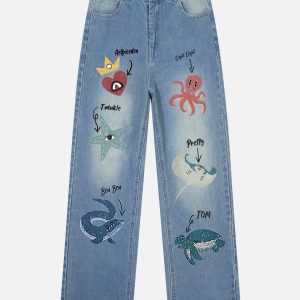 Y2K Aesthetic Sea Animal Print Jeans for Trendy Coastal Vibes and Unique Style