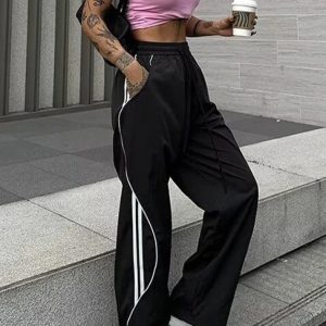 Y2K Aesthetic Side Stripes Contrast Color Wide Leg Pants for Trendy Outfits