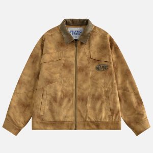 Y2K Aesthetic Simulated Dirt Suede Varsity Jacket for Trendy Grunge Style Outfits