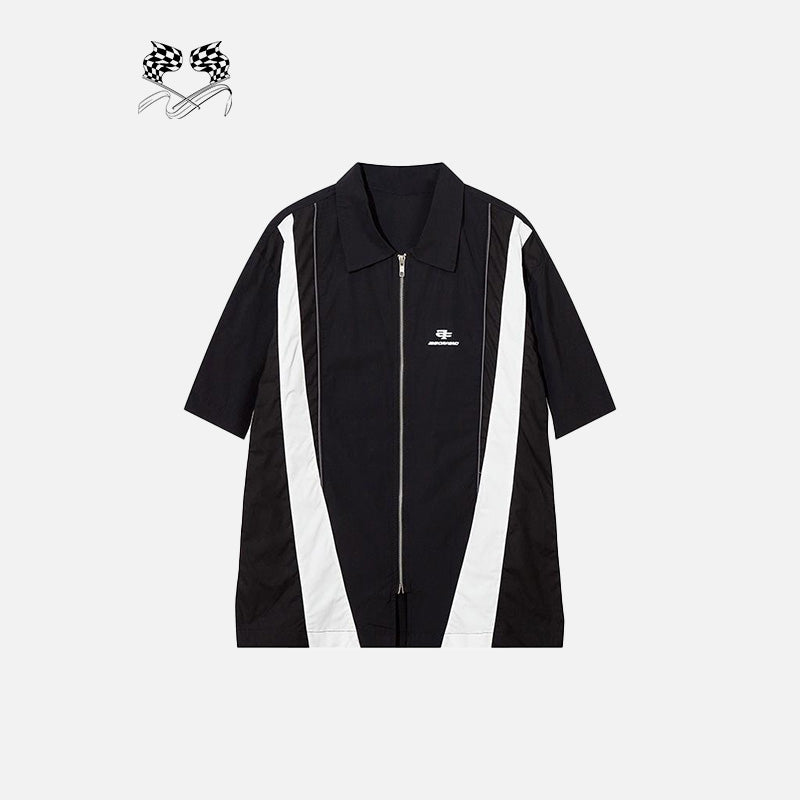 Y2K Aesthetic Splicing Color Zip-Up Shirt - Trendy Grunge Style for Unique Outfits