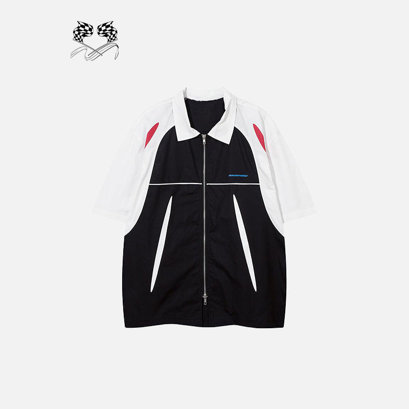 Y2K Aesthetic Splicing Color Zip-Up Shirt - Trendy Grunge Style for Unique Outfits