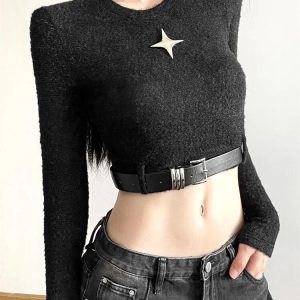 Y2K Aesthetic Star Belted Crop Top for Trendy Coquette and Grunge Outfits