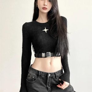 Y2K Aesthetic Star Belted Crop Top for Trendy Coquette and Grunge Outfits