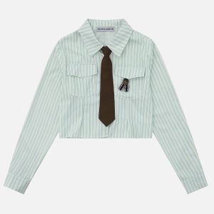 Y2K Aesthetic Stripe Necktie Long Sleeve Shirt - Wrinkle-Resistant Fashion Top