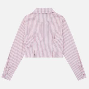 Y2K Aesthetic Stripe Necktie Long Sleeve Shirt - Wrinkle-Resistant Fashion Top