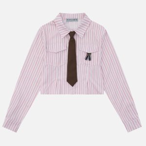 Y2K Aesthetic Stripe Necktie Long Sleeve Shirt - Wrinkle-Resistant Fashion Top