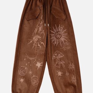 Y2K Aesthetic Sun Eye Print Pants for Trendy Coquette and Grunge Outfits