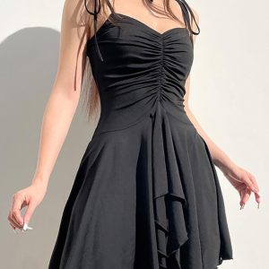 Y2K Aesthetic Tie Shoulder Ruched Mini A-Line Dress for Cute Coquette Style