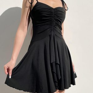 Y2K Aesthetic Tie Shoulder Ruched Mini A-Line Dress for Cute Coquette Style