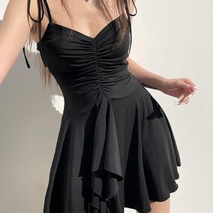 Y2K Aesthetic Tie Shoulder Ruched Mini A-Line Dress for Cute Coquette Style