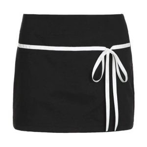 Y2K Aesthetic Tie-Up Bow Splice Low Rise Mini Skirt for Trendy Coquette Style