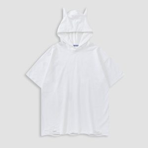 Y2K Aesthetic Washed Hooded Tee with Horn Design for Trendy Casual Outfits