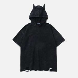 Y2K Aesthetic Washed Hooded Tee with Horn Design for Trendy Casual Outfits