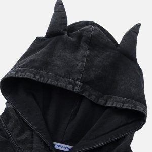 Y2K Aesthetic Washed Hooded Tee with Horn Design for Trendy Casual Outfits