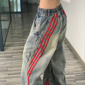 Y2K Aesthetic Wide Red Stripe Jeans for Retro Grunge and Coquette Outfits