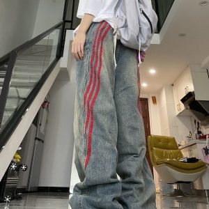 Y2K Aesthetic Wide Red Stripe Jeans for Retro Grunge and Coquette Outfits