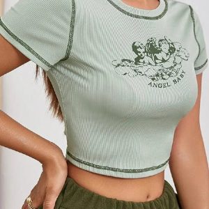 Y2K Angel Baby Tee: Cute Graphic Top for Coquette Aesthetic and Vintage Vibes