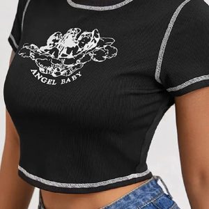 Y2K Angel Baby Tee: Cute Graphic Top for Coquette Aesthetic and Vintage Vibes