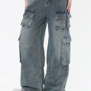 Y2K Baggy Multi Pocket Denim Cargo Pants for Trendy Aesthetic Outfits