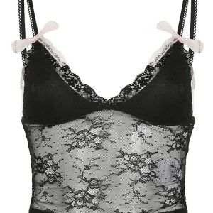 Y2K Black Lace Spliced Mesh Cami Top for Coquette and Grunge Aesthetic Outfits