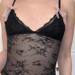 Y2K Black Lace Spliced Mesh Cami Top for Coquette and Grunge Aesthetic Outfits