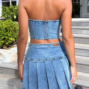 Y2K Blue Stretch Denim Two Piece Set - Trendy Coquette Aesthetic Outfit for Stylish Looks