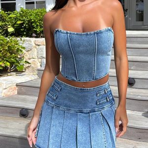 Y2K Blue Stretch Denim Two Piece Set - Trendy Coquette Aesthetic Outfit for Stylish Looks