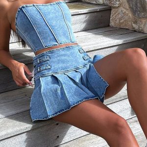 Y2K Blue Stretch Denim Two Piece Set - Trendy Coquette Aesthetic Outfit for Stylish Looks