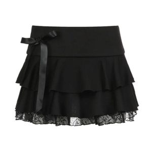 Y2K Bow Lace Splice Low Rise Tiered Mini Skirt - Cute Coquette Aesthetic Fashion