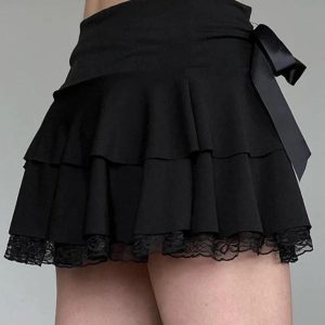 Y2K Bow Lace Splice Low Rise Tiered Mini Skirt - Cute Coquette Aesthetic Fashion