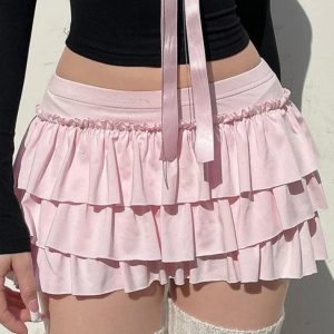 Y2K Bow Splice Low Rise Tiered Mini Skirt - Cute Coquette Aesthetic Fashion Piece