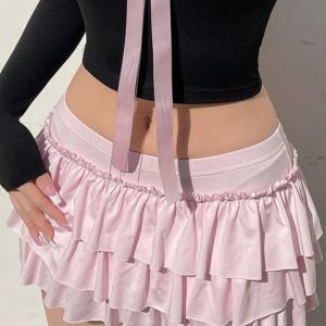 Y2K Bow Splice Low Rise Tiered Mini Skirt - Cute Coquette Aesthetic Fashion Piece