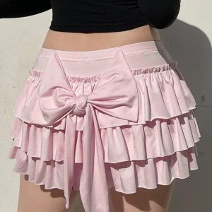 Y2K Bow Splice Low Rise Tiered Mini Skirt - Cute Coquette Aesthetic Fashion Piece