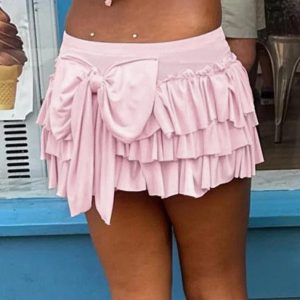 Y2K Bow Splice Low Rise Tiered Mini Skirt - Cute Coquette Aesthetic Fashion Piece