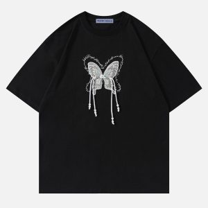 Y2K Butterfly Embroidery Tee - Cute Aesthetic Top for Coquette and Grunge Styles