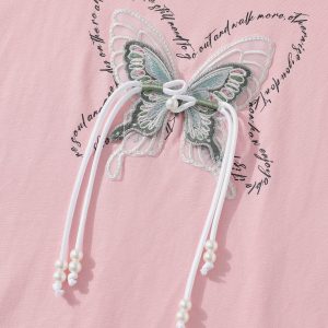 Y2K Butterfly Embroidery Tee - Cute Aesthetic Top for Coquette and Grunge Styles