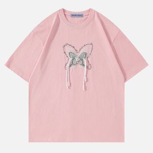 Y2K Butterfly Embroidery Tee - Cute Aesthetic Top for Coquette and Grunge Styles