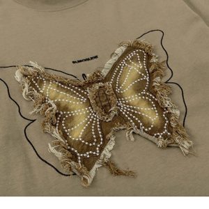 Y2K Butterfly Embroidery Tee - Cute Pastel Aesthetic Top for Y2K Fashion Lovers