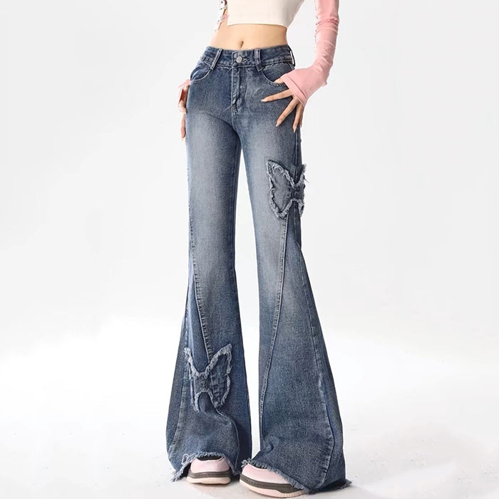 Y2K Butterfly Flare Jeans - Trendy Y2K Style with Vintage Aesthetic and Flared Design