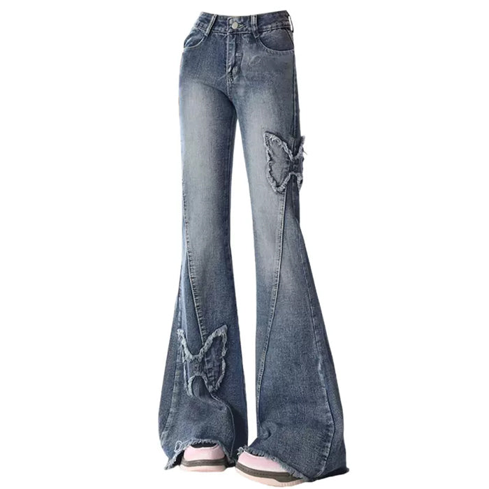 Y2K Butterfly Flare Jeans - Trendy Y2K Style with Vintage Aesthetic and Flared Design