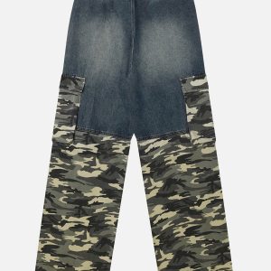 Y2K Camouflage Patchwork Jeans for Trendy Grunge Aesthetic Outfits and Casual Style