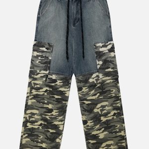 Y2K Camouflage Patchwork Jeans for Trendy Grunge Aesthetic Outfits and Casual Style