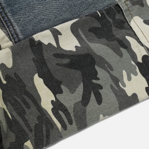 Y2K Camouflage Patchwork Jeans for Trendy Grunge Aesthetic Outfits and Casual Style