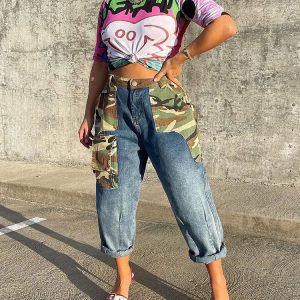 Y2K Cargo Camouflage Patchwork Jeans for Trendy Grunge and Coquette Aesthetic Outfits