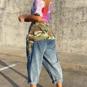 Y2K Cargo Camouflage Patchwork Jeans for Trendy Grunge and Coquette Aesthetic Outfits